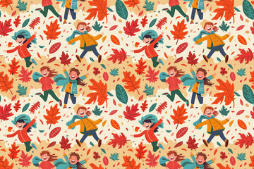 A colorful pattern of children playing in the fall