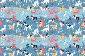 A colorful dog print with many dogs of different breeds - obrazy, fototapety, plakaty