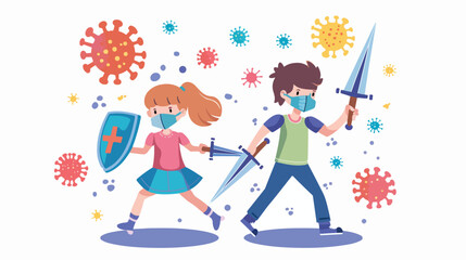 Girl boy kids using swords shields fight corona virus - obrazy, fototapety, plakaty