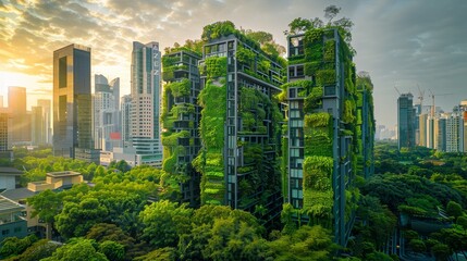 Environmental Conservation: A photo of a city skyline with green rooftops and vertical gardens