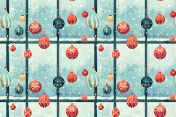 Festive Christmas ornaments hanging against a snowy windowpane backdrop - obrazy, fototapety, plakaty