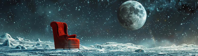 Red armchair on moon, shooting star sky, whimsical, magical, copy friendly
