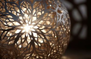 A close up of a decorative light fixture with the sun shining through it. AI.
