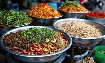 A bunch of bowls filled with different kinds of food. AI.