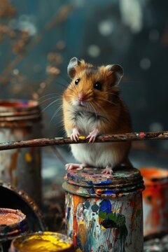 A small mouse sitting on top of a paint can with brushes. AI.