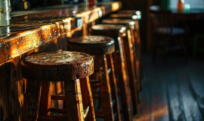 A row of wooden stools sit at a bar with bottles on the counter. AI.