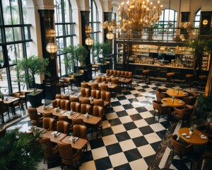 A restaurant with a checkered floor and lots of chairs. AI. - Powered by Adobe
