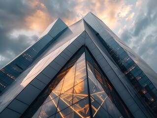 A building with a triangular shape and some lights on it. AI. - Powered by Adobe