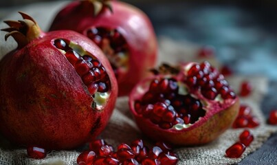A close up of a pomegranate with seeds and some pieces cut out. AI. - Powered by Adobe