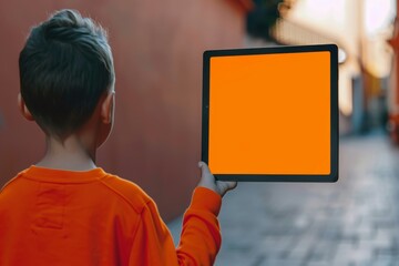 Application mockupover the shoulder shot of a boy holding a tablet with a fully orange screen