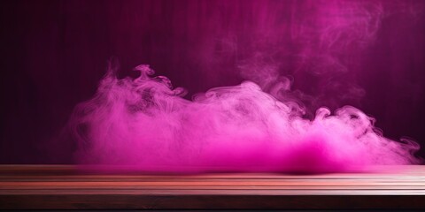 magenta background with a wooden table and smoke. Space for product presentation, studio shot, photorealistic