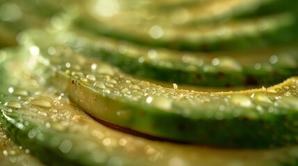 Food and Ingredients: A macro close-up photo of a sliced avocado