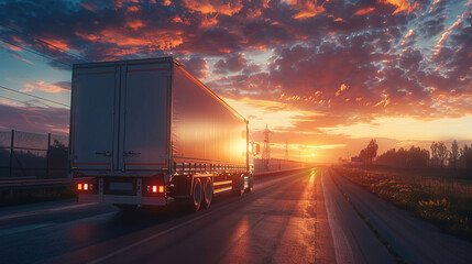 The outline of a truck speeding along the road meets with dawn, which underlines the importance of cargo logistics in the modern world. - obrazy, fototapety, plakaty