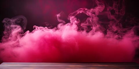 magenta background with a wooden table and smoke. Space for product presentation, studio shot, photorealistic - obrazy, fototapety, plakaty