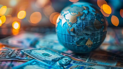Global Business: A photo of a globe with currency symbols around it - obrazy, fototapety, plakaty