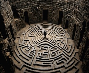 A man standing in the middle of a maze with his back to it. AI.