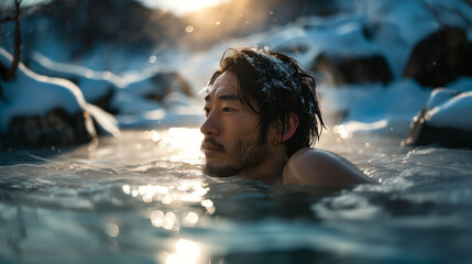 Asian Man in Ice Cold Water