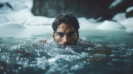 Middle-Eastern Man in Ice Cold Water