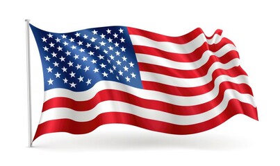 An american flag waving in the wind on a white background. AI.
