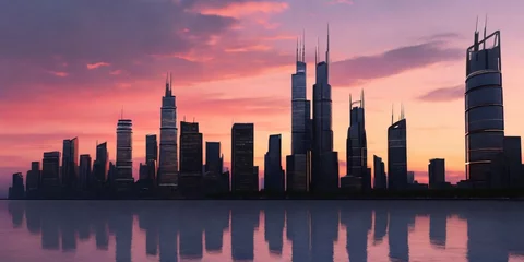 Foto op Plexiglas Silhouettes of city skyscrapers against a colorful twilight sky. © Saud