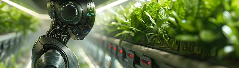 Vertical farming automation, robots with fresh veggies, digital stats background, copy friendly