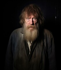 Obraz premium A man with a long beard and wearing an old coat. AI.