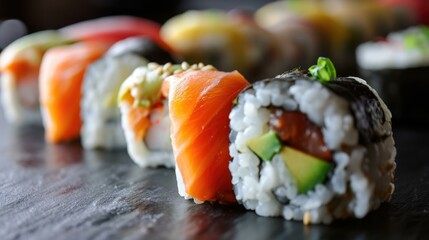 A close up of sushi rolls with different types of fish. AI.