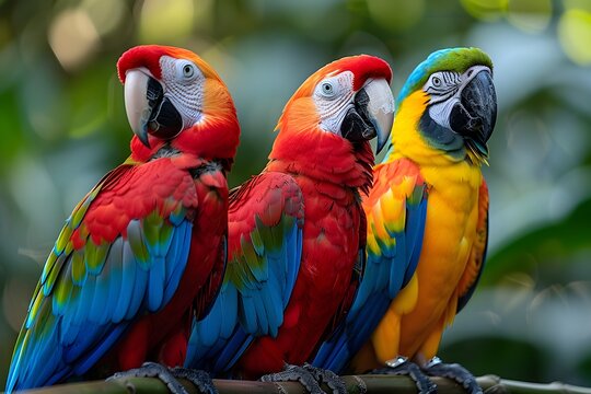 Three Colorful Parrots Sitting on a Branch