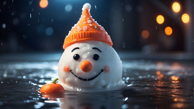 A dejected snowman with a carrot-shaped nose, melting into an ice puddle as a result of the lights' warmth, the effects of climate change, and the approach of spring