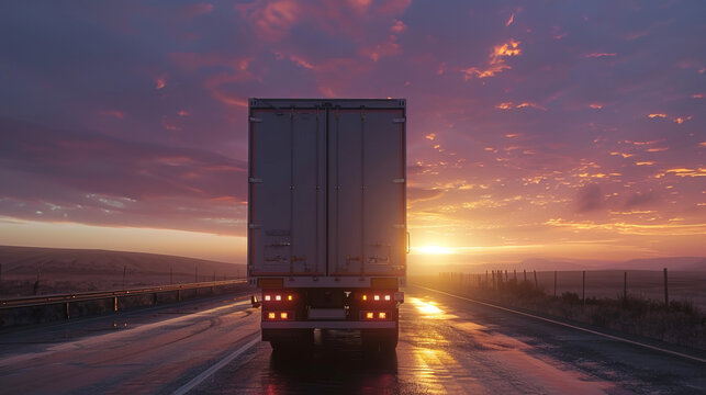The blurred image of a truck moving along the road at sunrise enhances the impression of dynamism and speed in the delivery process.