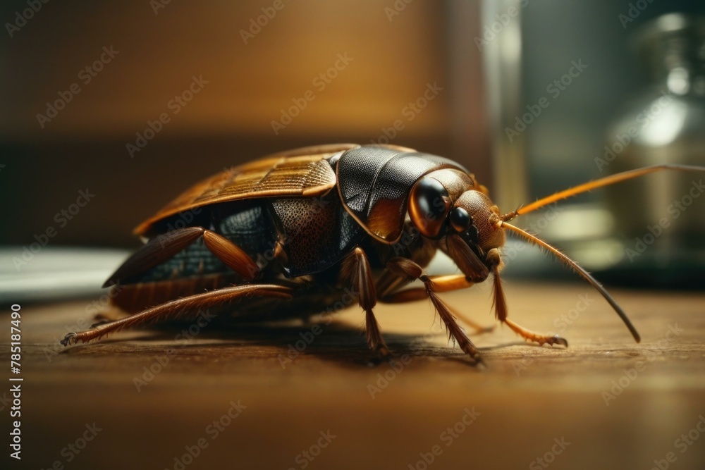 Poster a close up of a cockroach on the floor near an object. ai.