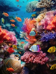 A colorful coral reef with many different fish swimming around. AI.