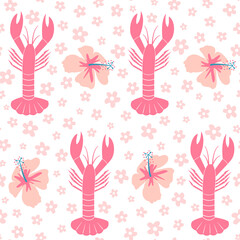 Cute hand drawn pink lobster, daisy flowers and hibiscus on white background seamless vector pattern illustration