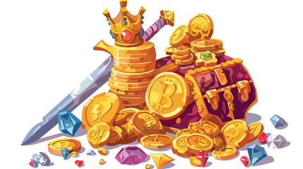 Gold coins heaps with gems and jewelry. Ancient 