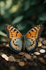 A butterfly sitting on a pile of coins in the dirt. AI.