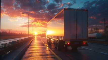 The movement of a vehicle performing fast cargo delivery on the road at sunrise reflects the concept of operational and reliable cargo logistics.