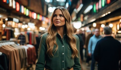 A woman standing in a crowded store with other people. AI. - Powered by Adobe