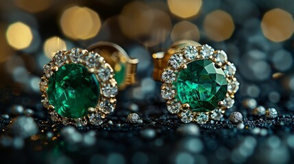 Naklejka premium Jewelry and Gemstone: A macro close-up photo of a pair of emerald earrings