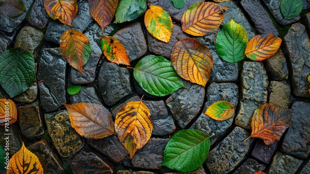 Poster leaf patterns: a photo of a collection of leaves, arranged in a circular pattern on the ground