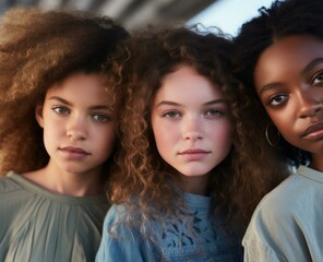 Fototapeta premium Three young women with curly hair standing next to each other. AI.