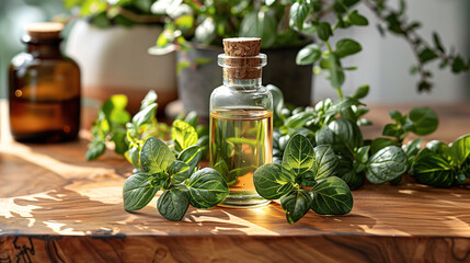 A glass bottle of essential oil surrounded by fresh green herbs on a wooden surface, with sunlight illuminating the scene.