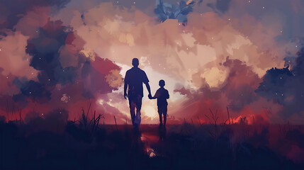A boy walks with his father on father's day - obrazy, fototapety, plakaty