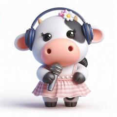 a cute cow wearing dress, wireless headphone, hold microphone and singing, funny, summer style, smile, white background