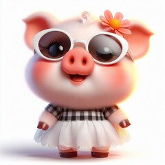 Fototapeta premium a cute Pig wearing dress and cool fashion eyeglasses , funny, happy, smile, white background