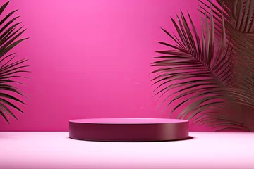  Magenta background with shadows of palm leaves on a magenta wall, an empty table top for product presentation. A mockup banner stand podium © Celina