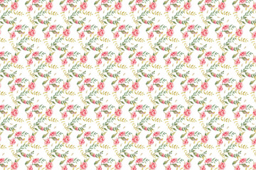 Wedding flowers. A simple seamless pattern of flowers of pink roses blooming and with buds, green leaves and branches. Hand drawn watercolor illustration for design of fabric, wrapping paper, invitati
