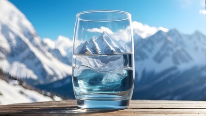 A clear glass filled with alpine water that can be drunk against a backdrop of snow-covered peaks. The notion of consuming mineral water - obrazy, fototapety, plakaty