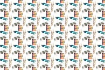 Reading in the summer. Seamless pattern with an open book, falling blue and a pile of three books and two cool flowers. Hand drawn watercolor painting on white background for wrapping paper