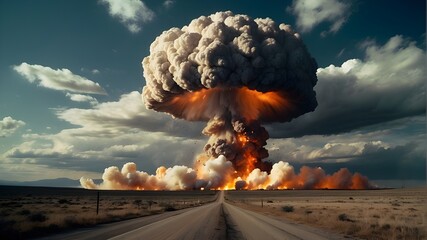 Explore the haunting aftermath of a nuclear detonation, as a mushroom cloud looms over a landscape forever changed by the unleashing of a weapon of mass devastation.
