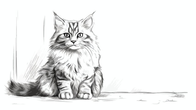 Grey furry adult cat sitting portrait drawing. Sketch